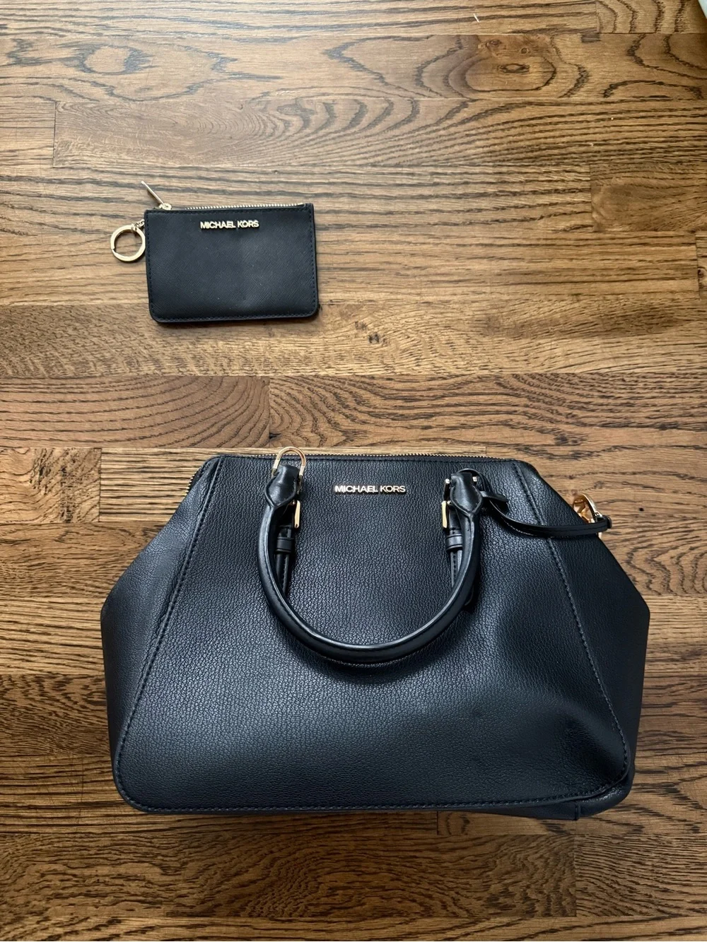 Michael Kors Black Pebble Leather Satchel with Zip Card Case